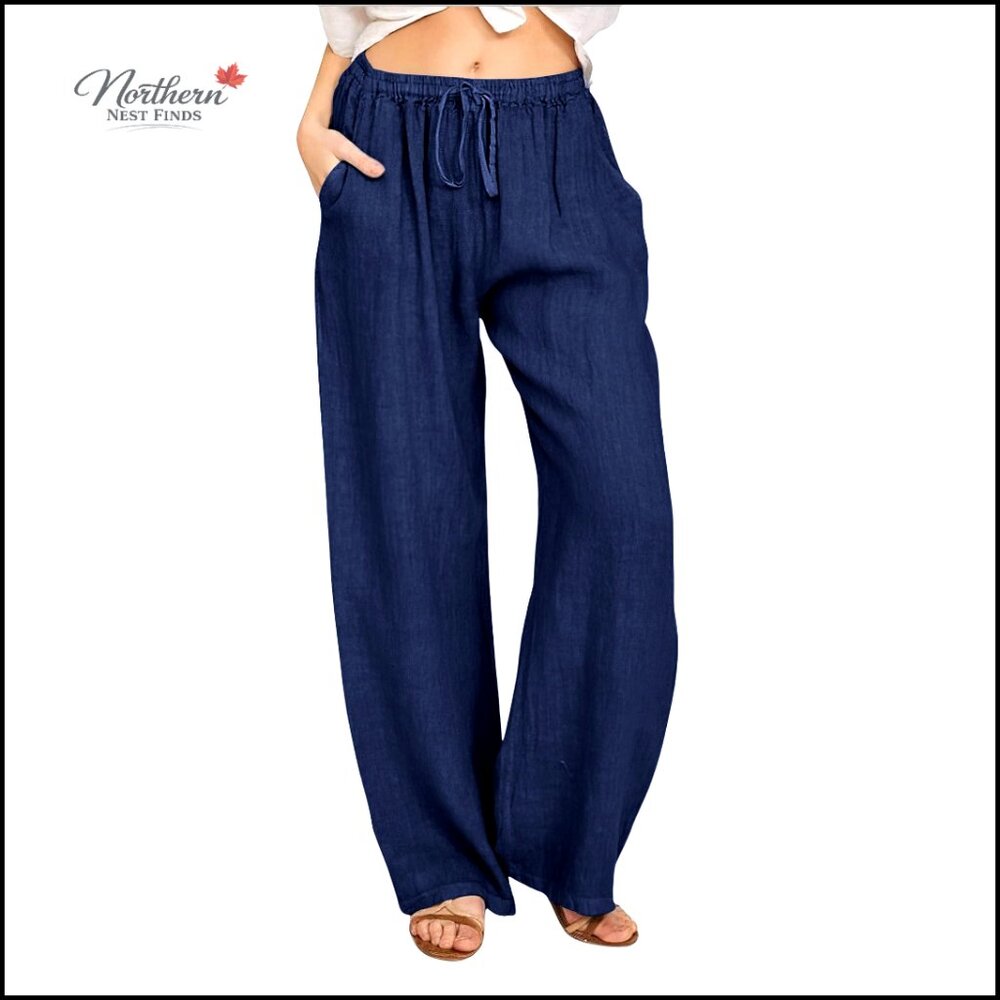 Women's Cotton Linen Wide Leg Palazzo Pants with Drawstring Waist